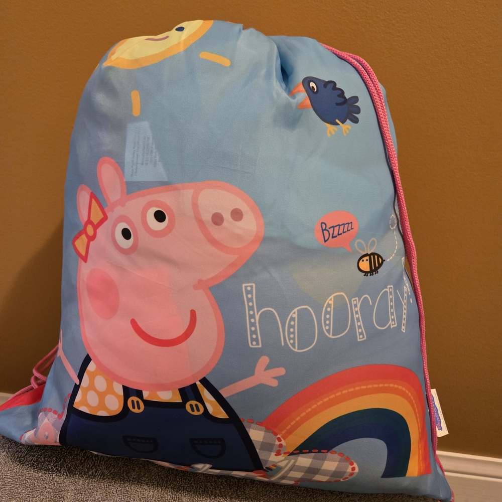 Peppa Pig Blue Drawstring Bag with Pink Accents and Rainbow